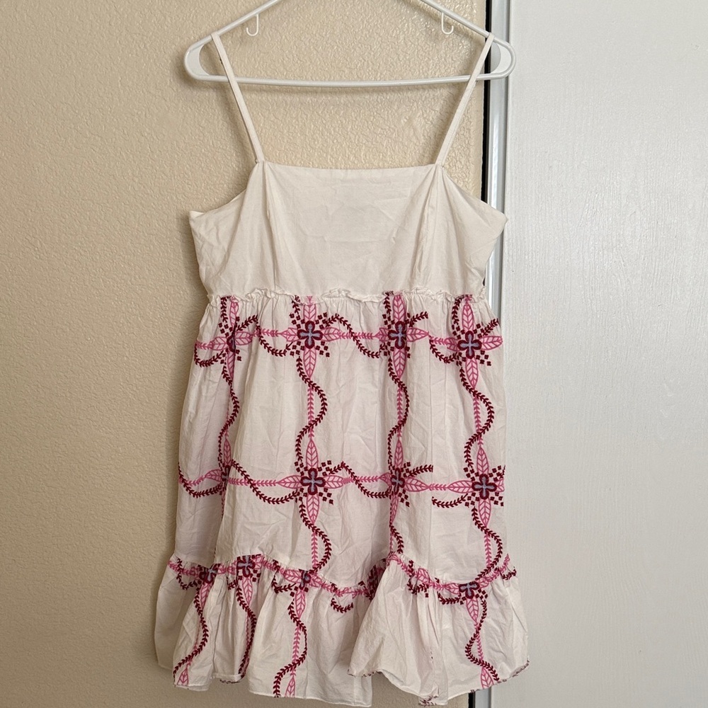 Anthropologie White Spaghetti Strap Mini Dress with Pink Embroidery